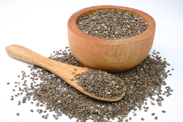 Bowl and spoon with chia seeds concept background