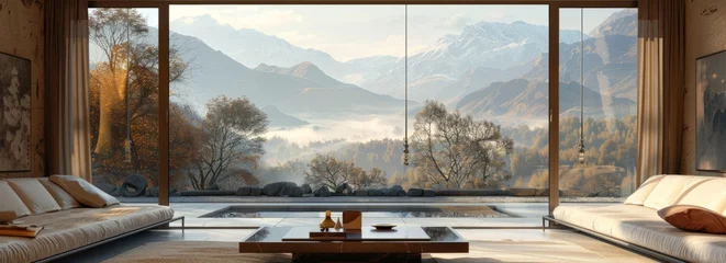 Foto op Plexiglas modern living room with sliding doors and window Generative AI © SKIMP Art
