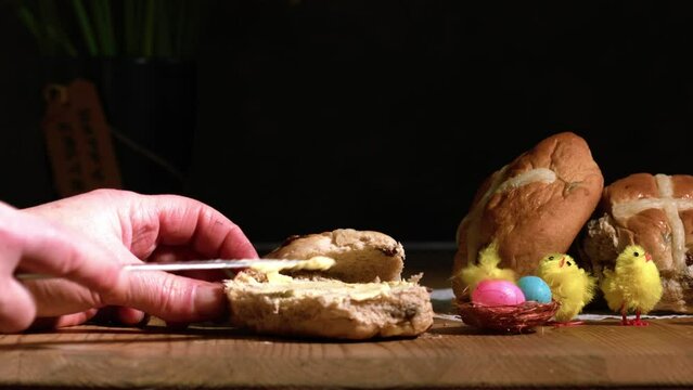 Easter Hot cross bun and colorful decorations