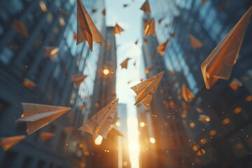 Paper airplanes soar from lightbulb, inspiring fresh ideas against skyscraper backdrop. - obrazy, fototapety, plakaty