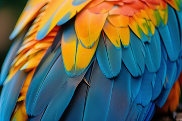Fototapeta premium Colorful of blue and gold bird's feathers, exotic nature background and texture ,macaw feathers, wing macaw