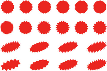 Starburst red sticker set - collection of special offer sale oval and round shaped sunburst labels and badges. Promo stickers with star edges. Promo advertising Vector.