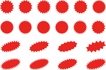 Starburst red sticker set - collection of special offer sale oval and round shaped sunburst labels and badges. Promo stickers with star edges. Promo advertising Vector.