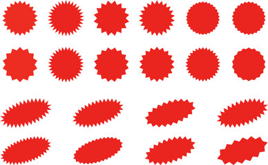 Starburst red sticker set - collection of special offer sale oval and round shaped sunburst labels and badges. Promo stickers with star edges. Promo advertising Vector.