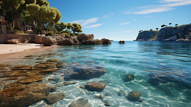 beach on the coast of city, summer, in the style of photo-realistic landscapes, 32k uhd, dark azure, tondo, translucent water, flickr