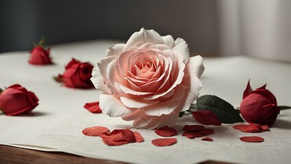 A white rose on a paper with red roses on the table, romantic