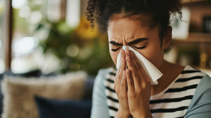 Sick woman using a tissue while sneezes at home
