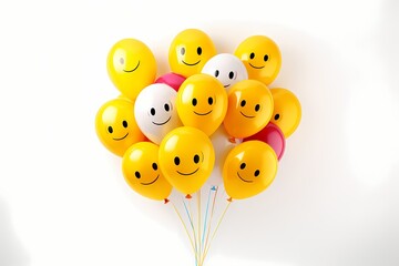 A creative composition featuring birthday balloons forming the shape of a smiley face, radiating happiness against a white background, with ample copy space.