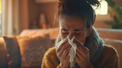 Sick woman using a tissue while sneezes at home