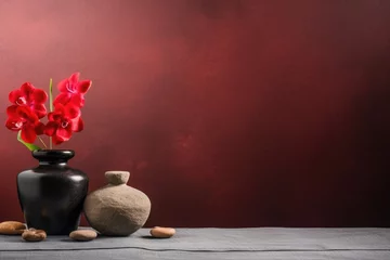 Photo sur Plexiglas Spa Serene spa arrangement with red orchids and smooth stones. Spa Concept with Orchids and Wellness Stones