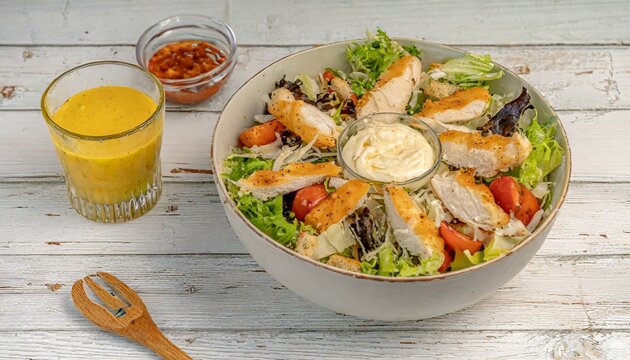 Salada mista com croutons e tiras de frango grelhado. Comida saudável. Mesa de madeira.
