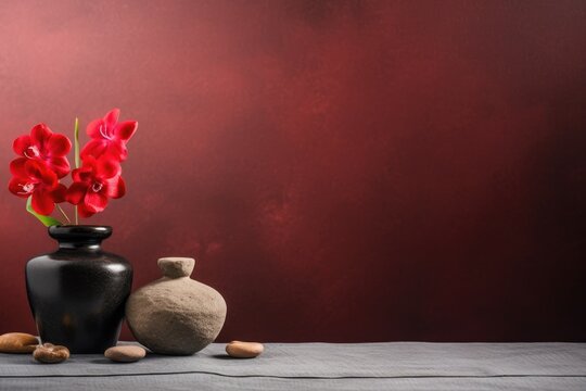 Serene spa arrangement with red orchids and smooth stones. Spa Concept with Orchids and Wellness Stones
