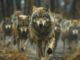 Leader in focus, leading the wolf pack in tactical formation through the forest with a blurred background.