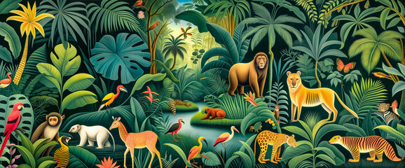 Jungle, tropical illustration. Magical fantasy animals, birds in enchanted fairy tale jungle. Amazon forest with fabulous animals, palm trees. wallpaper for kids room, interior design. mural art
 - obrazy, fototapety, plakaty