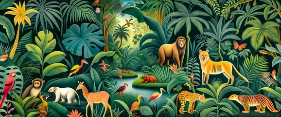 Foto op Canvas Jungle, tropical illustration. Magical fantasy animals, birds in enchanted fairy tale jungle. Amazon forest with fabulous animals, palm trees. wallpaper for kids room, interior design. mural art  © Viks_jin