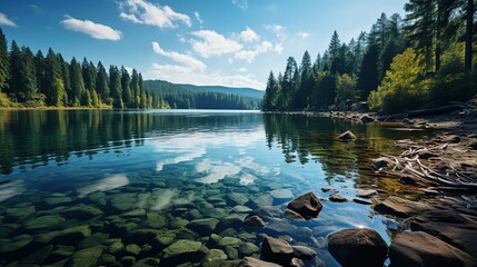 beautiful blue skies and clouds over a lake, in the style of romanticized depictions of wilderness, dark reflections - obrazy, fototapety, plakaty