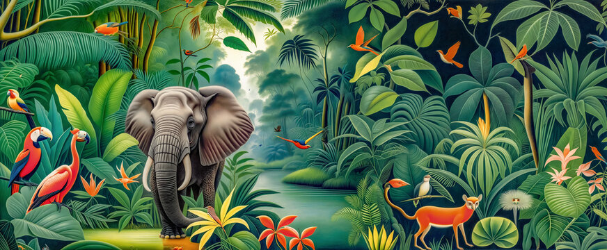 Jungle, tropical illustration. Magical fantasy animals, birds in enchanted fairy tale jungle. Amazon forest with fabulous animals, palm trees. wallpaper for kids room, interior design. mural art

