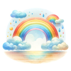Watercolor illustration of Colorful illustration of a vibrant rainbow with clouds and raindrops, set against a transparent background with a reflective surface.