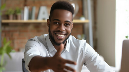 Portrait of happy young black hr manager look at camera stretch hand to you meeting new staff member hired after job interview. Friendly biracial man agent introduce himself to client business partner - obrazy, fototapety, plakaty