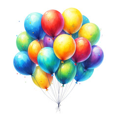 Watercolor illustration of Colorful watercolor balloons on a transparent background, suitable for celebrations and festive designs.
