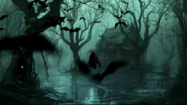The cursed swamp is a realm of twisted trees, their gnarled branches creating a foreboding atmosphere that chills the soul, Seamless looping 4k video background animation