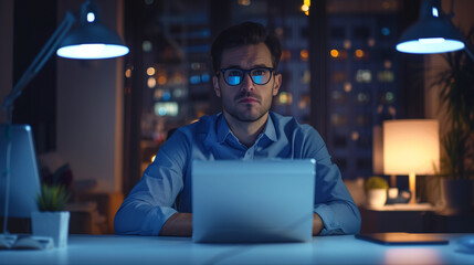 Serious businessman, freelancer in eyeglasses sits at desk staring at laptop screen learn new program, review app, do telework, search issue solution, think on answer, consider received information