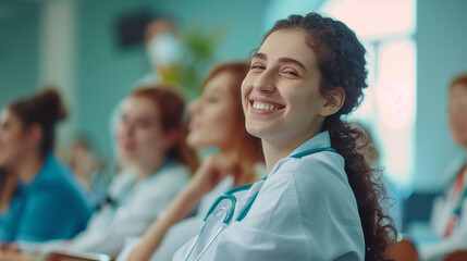 smiling cheerful nurse doctor sit relax in seminar training class nurse doctor group happiness positive face expression in education class hospital background