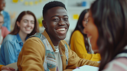 Smiling international young people sit at desk have fun studying preparing group project together, happy overjoyed multiethnic students laugh joke working in team cooperating or brainstorming in class - obrazy, fototapety, plakaty