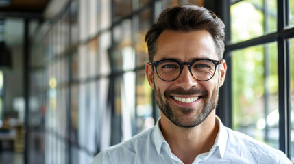 A joyful man in a white shirt and glasses is smiling warmly in an indoor setting with a blurred background. - obrazy, fototapety, plakaty