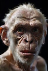 An intricately detailed ape sculpture captures a moment of pensiveness, with lifelike eyes that reflect an almost human depth of emotion. The texture and realism invite contemplation on the line