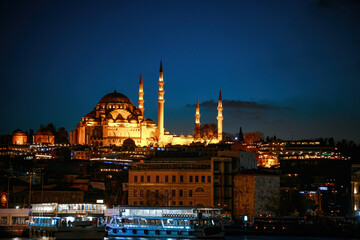 Istanbul skyline with Eminonu district and Suleymaniye at night
