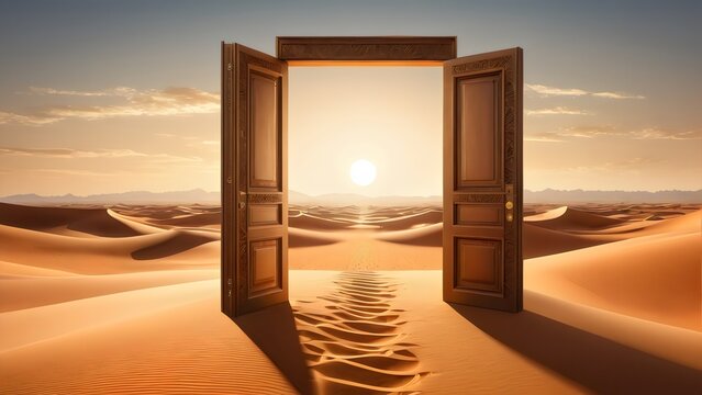 Explore surrealism with a 3D illustration: ajar door amidst desert, signaling new beginnings, opportunities, and mysteries. Perfect for creative projects.