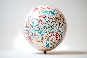 A close-up shot highlighting the intricate patterns and vibrant colors of a birthday balloon against a clean white surface, providing space for personalized messages.