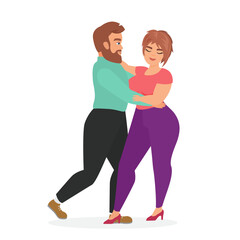Young couple of plus size characters dancing together to music vector illustration