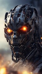 portrait of a destructive robot with red eyes isolated on destructive background