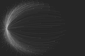 On a dark background, a white circular explosion composed of random vector rays with editable strokes and small circles emanates from a sphere in motion, resembling high-speed lines flying outwards