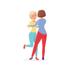 Couple of girls dancing together, two female characters hugging vector illustration