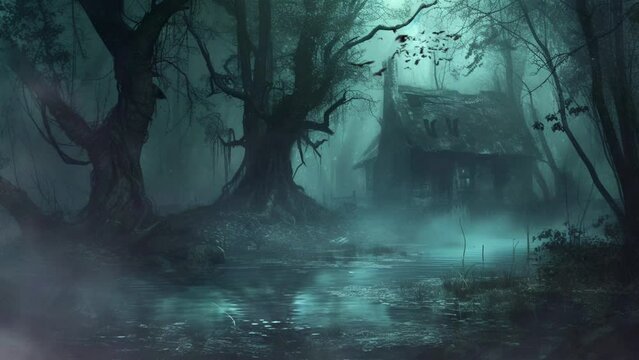 Amidst the darkness of the cursed swamp, twisted trees stand as silent sentinels, Seamless looping 4k video background animation