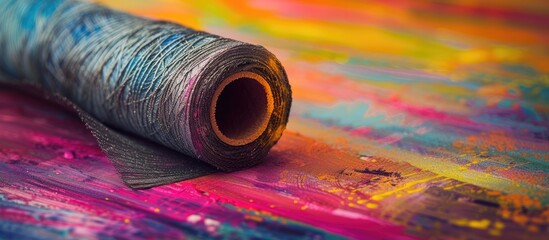 A spool of yarn is placed on top of a vibrant and colorful painting, showcasing a contrast between the soft texture of the yarn and the rich textures in the artwork. The painting serves as a striking - obrazy, fototapety, plakaty