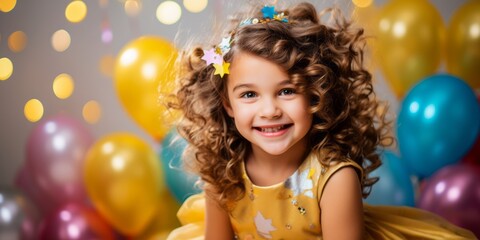 Fototapeta na wymiar Portrait of a smile girl in a yellow dress on the background of balloons.
