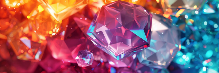 Abstract vibrant crystals with a dynamic bokeh effect in a vivid, colorful composition. - obrazy, fototapety, plakaty
