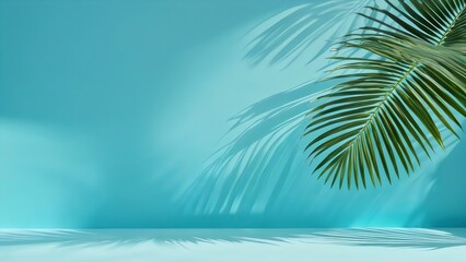Minimalist abstract background with blurred shadow from palm leaves on light blue wall. Perfect for product presentations.