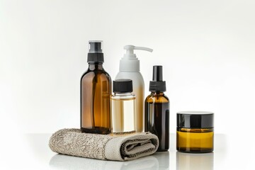 Facial mock skin care cream. Skincare treatment products: mark lotion, skincare beauty gel, oil, pipette with glow serum and skin jar pot