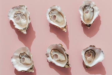 oysters pattern on a pastel mauve background, flat lay
