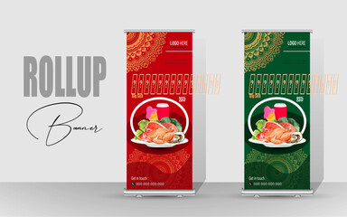 Happy Ramadan Roll Up Banner design. Ramadan special food banner. Ramadan Food Menu Template.