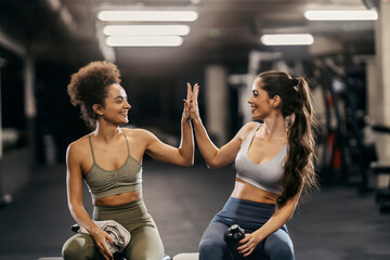 Fit friends in shape giving high five for progress while sitting in a gym.