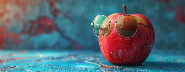 red apple wearing modern sunglasses on a blue background. Healthy lifestyle concept