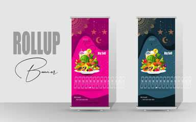 Happy Ramadan Rollup banner template design. Ramadan Sell or Best Offer Billboard Design.