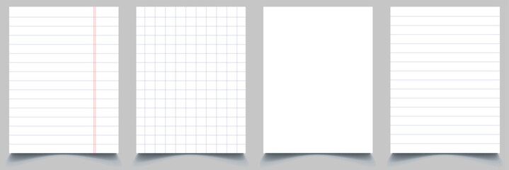 Set of vector realistic illustrations of a torn sheet of paper from a workbook with shadow, isolated. Vector illustration.