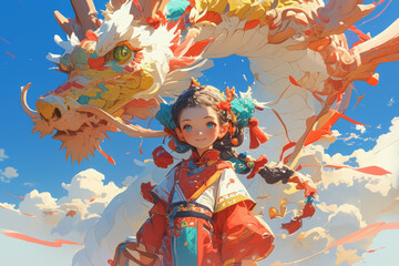 Cartoon chinese dragon and child